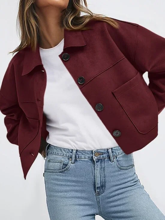 Women's Faux Suede Cropped Jacket Fall Fashion Winter Coats Outerwear Burgundy - Picture 4 of 5